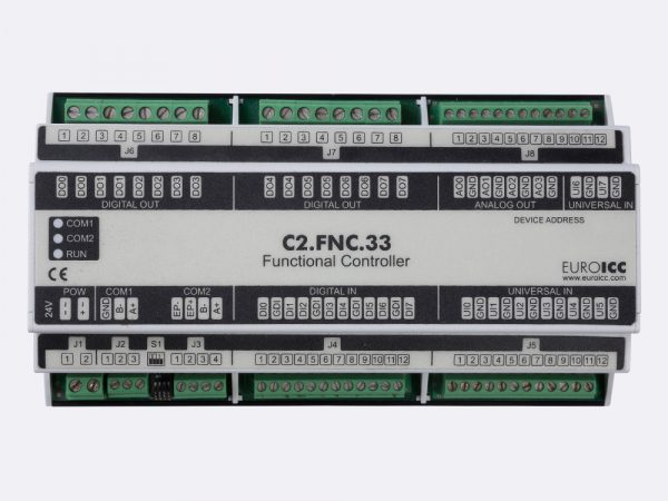 PLC Controller for Guest Room Management System, Smart Hotel Control and Home Automation - BACnet programmable functional controller BACnet PLC – C2.FNC.33 designed for wide range of building automation and guest room management system tasks -8 relay outputs, 8 digital inputs, 4 analog outputs, 8 universal inputs